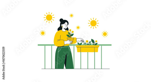 Woman Enjoying Gardening at Home On The Balcony With Flowers Under Sunshine
