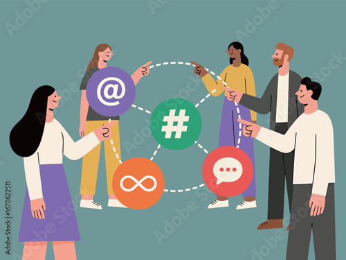 Diverse group of young adults discussing social media symbols in a casual setting.