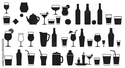 Collection of various drink glasses and bottles in black silhouette