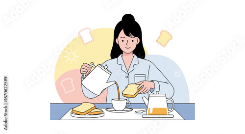 Woman Enjoying Her Morning Beverage Preparing Breakfast Toasts In A Cozy Mood