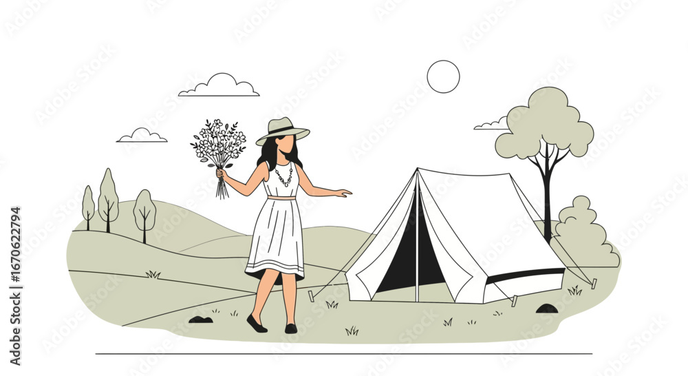 Fototapeta premium Woman Enjoying Nature Holding Flowers Near Tent For Camping Adventure
