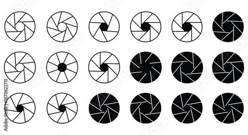 Camera aperture icons in various stages of opening and closing