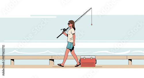 Woman Enjoying Leisurely Stroll with Fishing Rod on Dock for Summer Relaxation