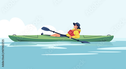 Woman Enjoying Leisurely Kayak Trip on Calm Waters Under a Bright Sky