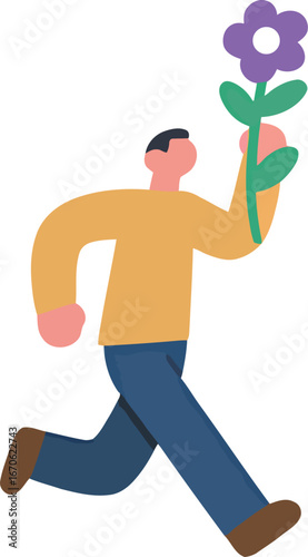 A cartoon man running with a purple flower, wearing a yellow shirt and blue jeans.