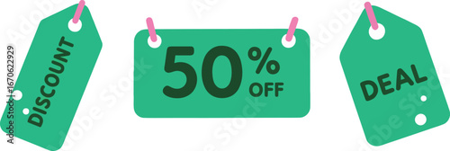 Colorful sale tags highlighting 50% off with style.