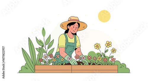Woman Enjoying Planting Flowers In Her Garden On A Sunny Day
