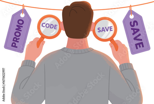 Adult male examining promotional tags and codes for savings.