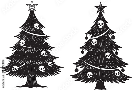 Two gothic christmas trees with skull ornaments silhouette