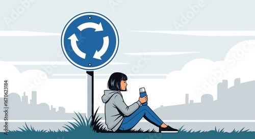 Woman Enjoying Tea Break Near Roundabout Sign In Modern Urban Landscape