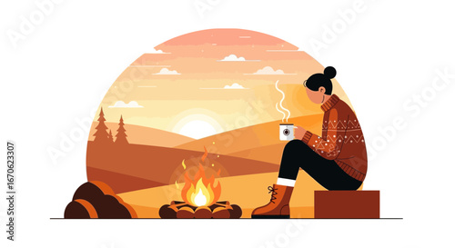 Woman Enjoying Warm Beverage Near Campfire At Serene Mountain Sunset