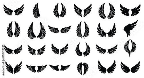 Collection of various black wing silhouettes on white background