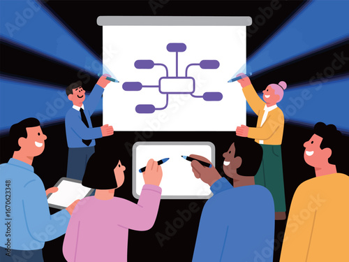 Diverse team collaborating on a project with a mind map in a vibrant environment.