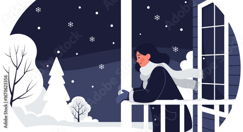 Woman Enjoying Winter Landscape From Balcony During Snowfall Night