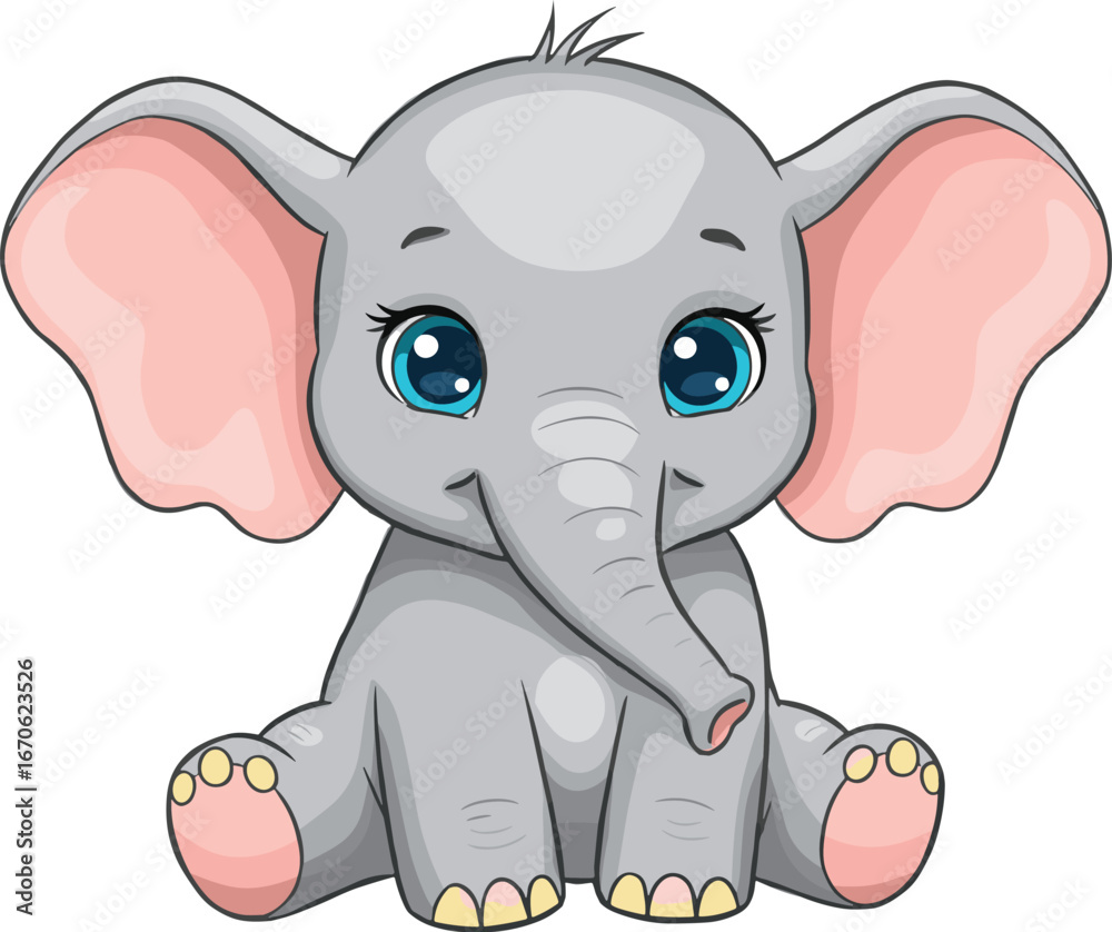 Fototapeta premium Cute baby elephant cartoon sitting, adorable animal illustration with big blue eyes, pink ears, children’s character, vector isolated drawing