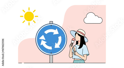 Woman Enjoys Ice Cream Near Roundabout On A Sunny Day Illustration