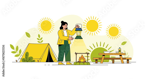 Woman Enjoys Leisurely Camping Experience with Lantern, Campfire and Table Outdoors