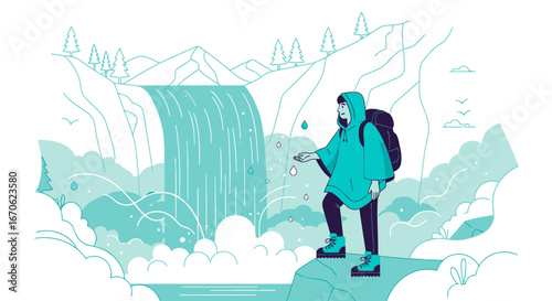 Woman Enjoys The Waterfall Refreshing Beauty Hiking Outdoor In The Wild Nature