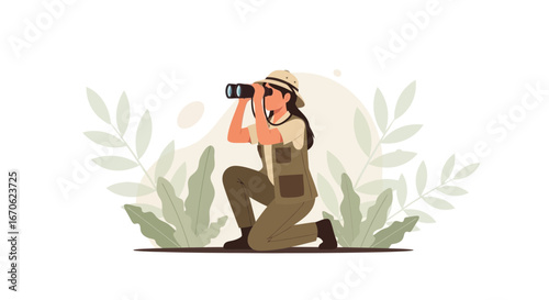 Woman Exploring Nature Using Binoculars In Minimalist Style Illustration
