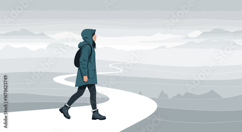 Woman Exploring Snowy Landscape On Winding Path Surrounded By Mountains