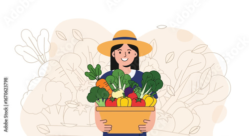 Woman Farmer Holding Basket Full Freshly Harvested Vegetables From Her Garden