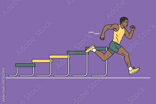 An illustration of a man running and jumping over hurdles on a purple background in a cartoon style