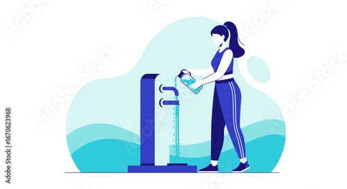 Woman Fills Water Bottle at Fountain for Hydration and Healthy Lifestyle