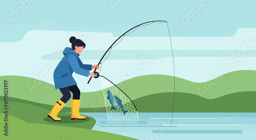 Woman Fishing At Lake Catching Fresh Fish For Consumption Or Recreational Activity