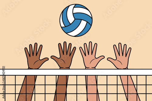 Illustration of a volleyball game with diverse hands reaching over the net for a blue and white ball