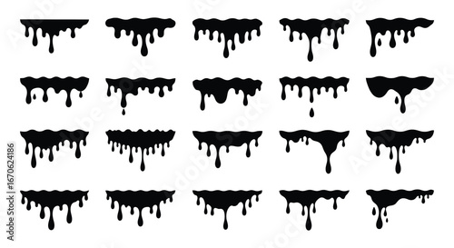 Collection of black paint drips and splatters on white background