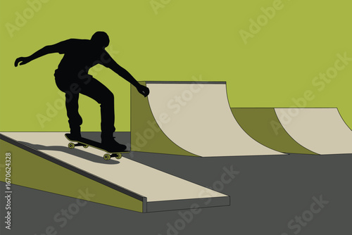A silhouette of a skateboarder riding a skateboard in a skatepark with ramps and a green background wall