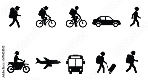 Various modes of transportation silhouettes on white background