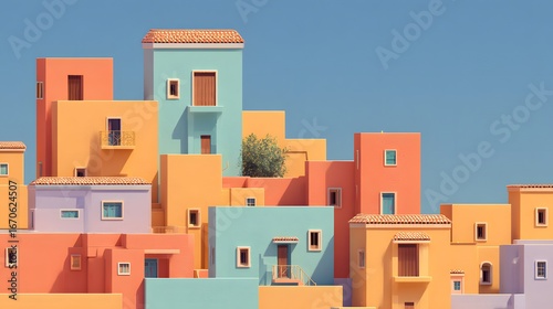 A vibrant collection of colorful buildings clustered together under a clear sky, showcasing a variety of pastel hues and architectural styles.
