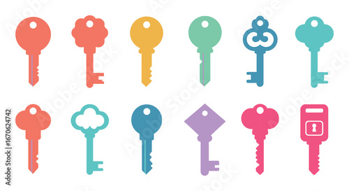 Collection of colorful keys in various shapes and sizes