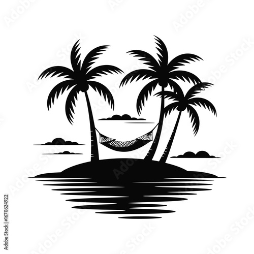 Tropical island with palm trees hammock and clouds silhouette
