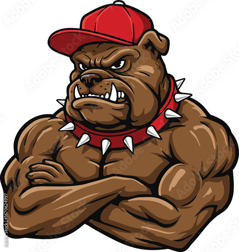 Muscular bulldog mascot illustration, tough cartoon dog with red cap and spiked collar, strong aggressive bulldog character design, vector