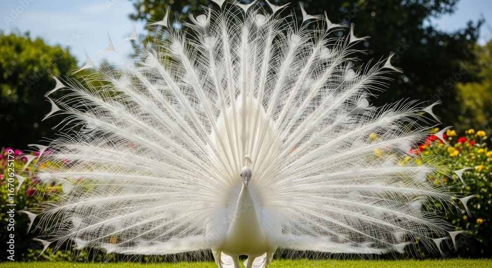 Obraz premium Elegant White Peacock Displaying Feathers in a Lush Garden Setting