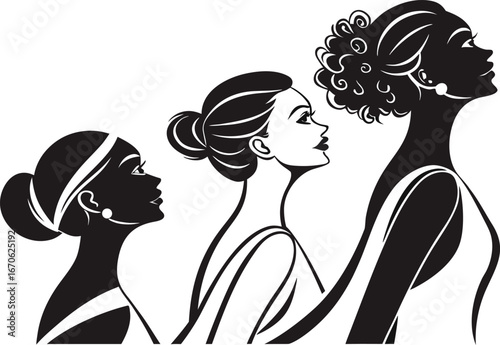 Three black silhouettes of women in profile, depicting stages of growth from childhood to adulthood, walking forward.