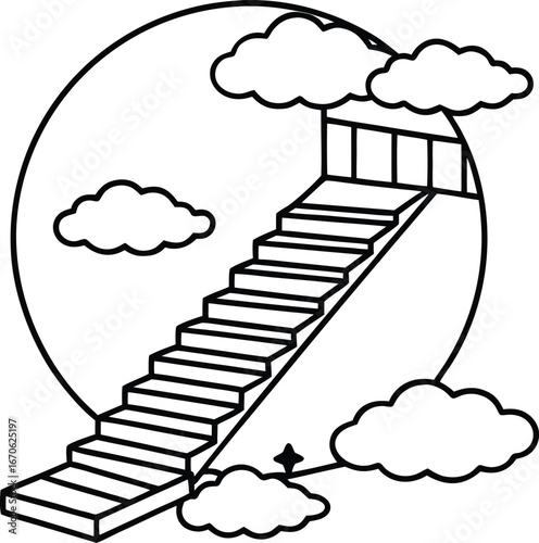 Surreal floating staircase ascending towards a dreamlike moon isolated on white background isolated on transparent background