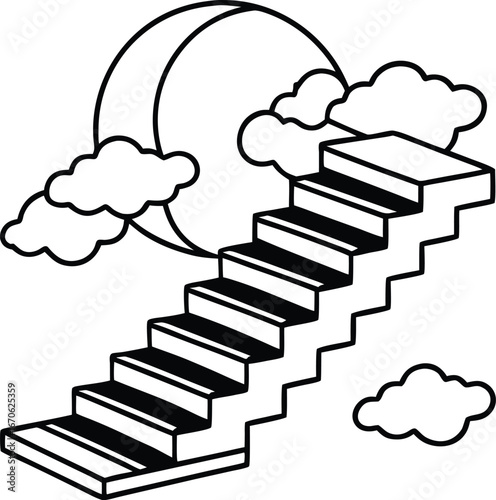 Surreal floating stairs ascend towards a luminous moon in a dreamlike celestial landscape isolated on white background isolated on transparent background
