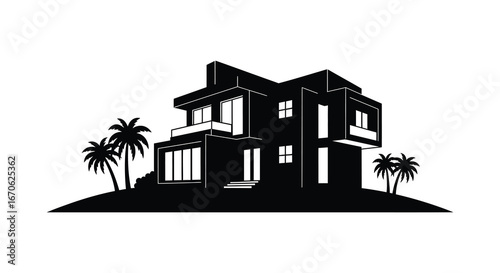 A modern house with palm trees on a hill
