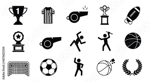 Collection of sports icons and trophies for athletic events and competitions