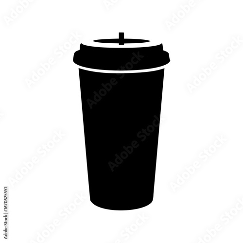Black and white silhouette of disposable coffee or beverage cup with lid