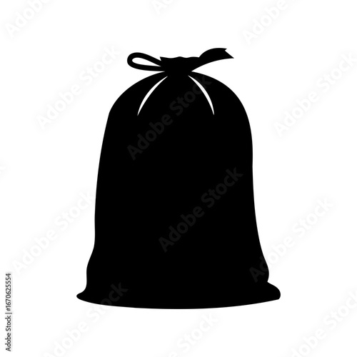 Silhouette of a full trash bag tied at the top on white background
