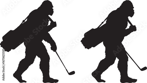 Two golfer silhouettes carrying golf bags and clubs
