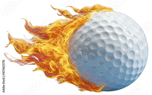3d isolated illustration of a golf ball wrapped in flames flying fast