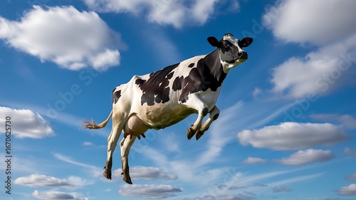 A black and white cow is jumping high in the blue sky with white clouds