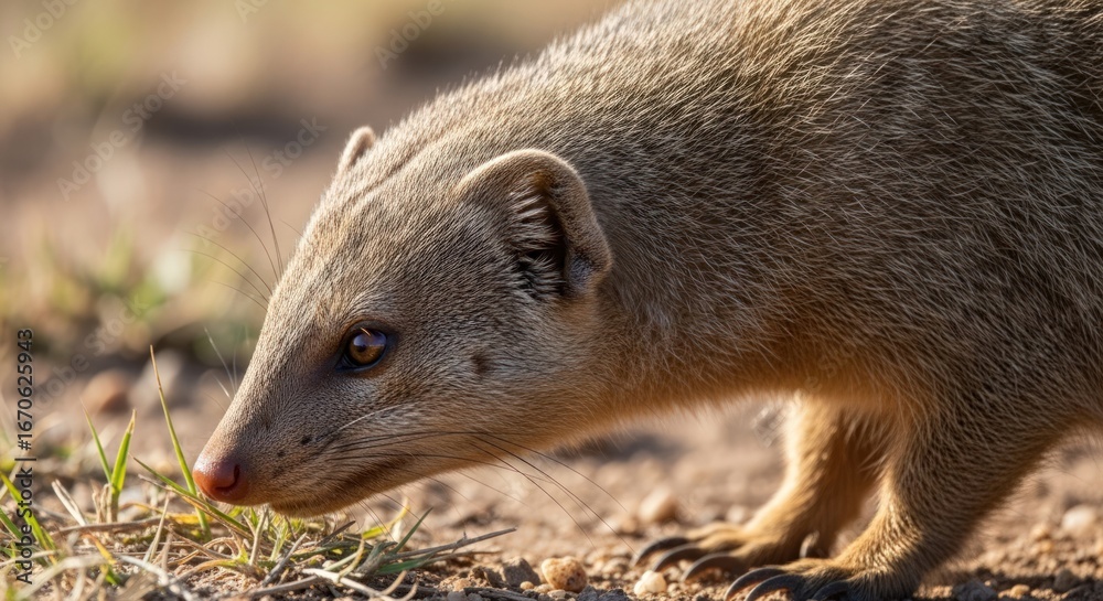 Fototapeta premium Close-up Portrait of a Yellow Mongoose (Cynictis penicillata) foraging in its natural habitat in South Africa