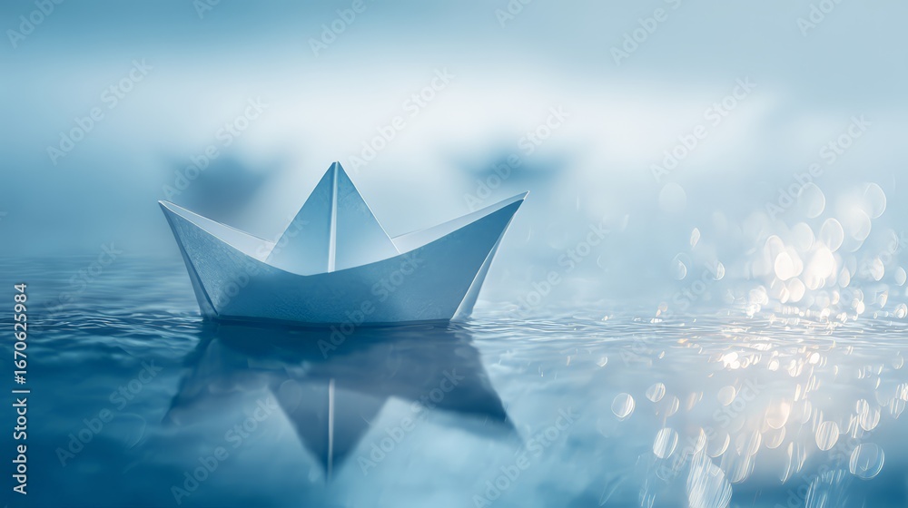 Obraz premium A serene paper boat floating on calm water in a dreamy misty atmosphere.