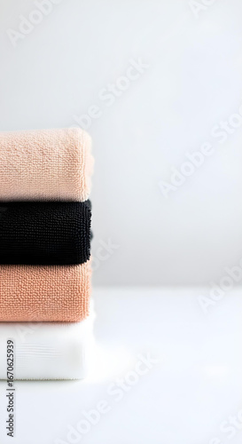 Studio shot of neatly stacked colorful towels on white background